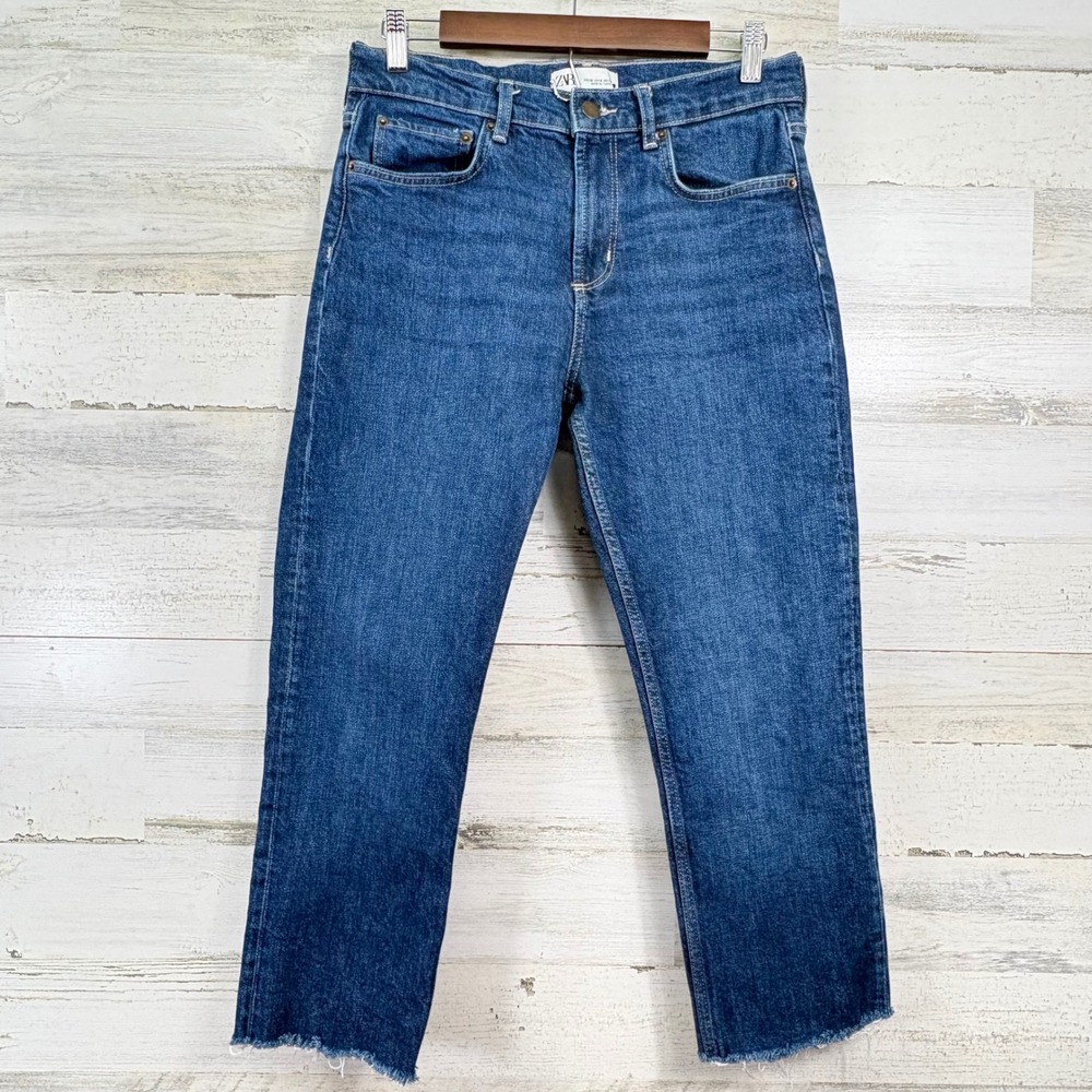 Zara Straight Leg Jeans Womens 6 Blue Raw Hem High Rise Denim Indie Grunge Boho